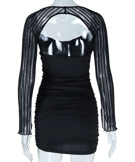 Sparkle & Slay: Black Ruched Mini Dress with Sheer Glitter Statement Sleeves