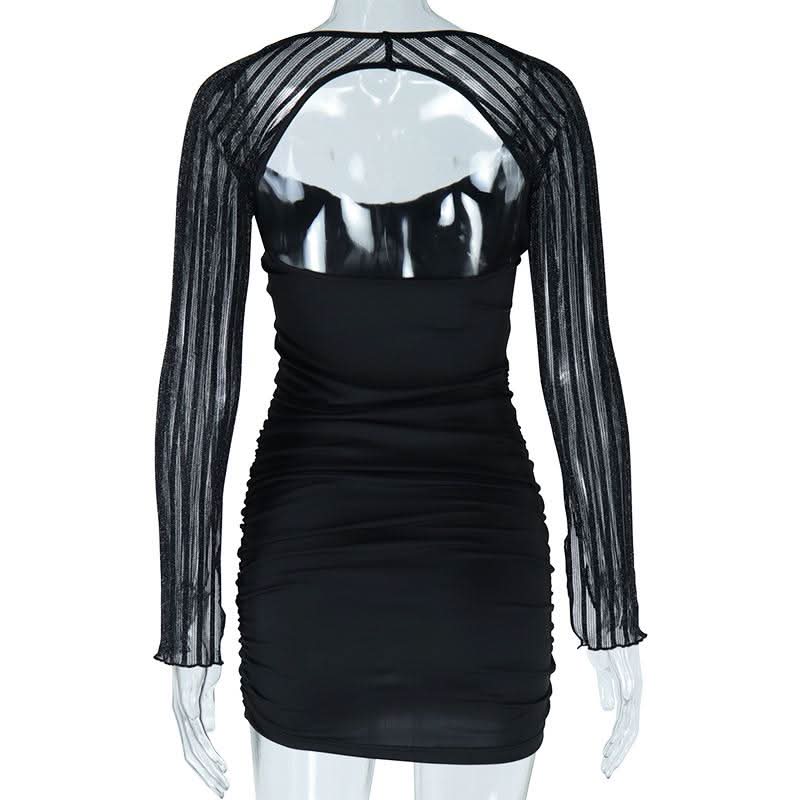 Sparkle & Slay: Black Ruched Mini Dress with Sheer Glitter Statement Sleeves
