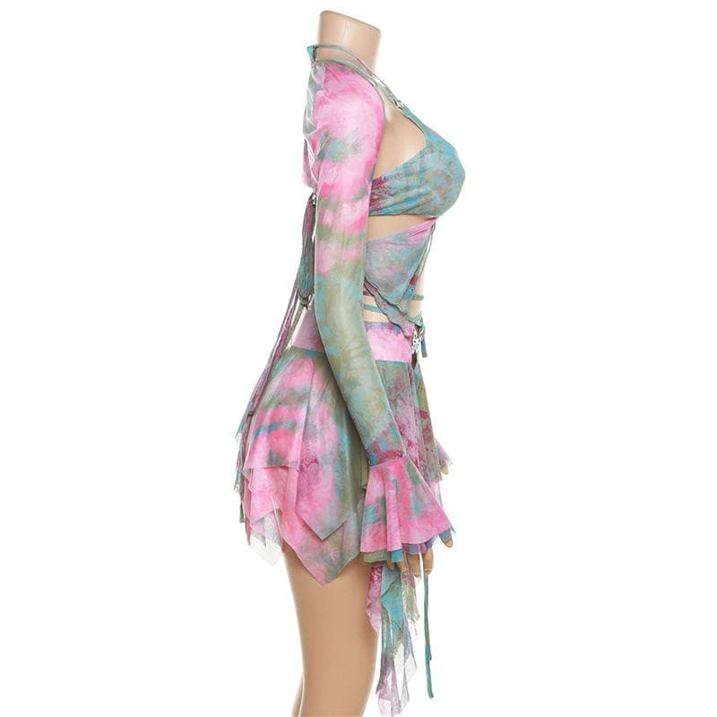 Enchanted Fairycore Tie-Dye Mini Skirt Set - Butterfly Halter Top & Flared Sleeves for Halloween & Rave Parties