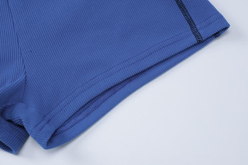 Cozy Chic Cobalt Blue Ribbed Off-Shoulder Long Sleeve Crop Top & Shorts Set - Fall Lounge Essential