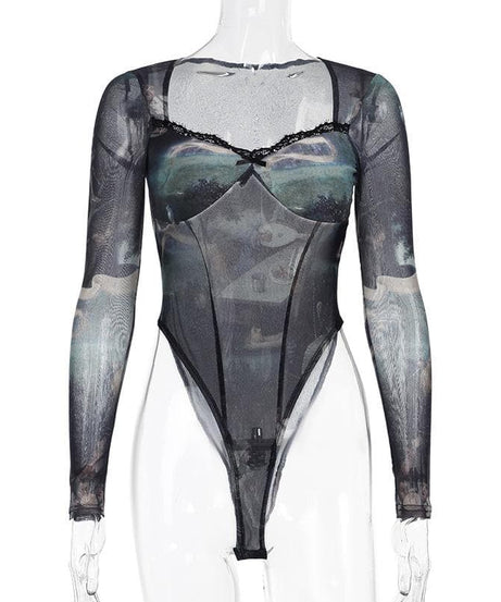 Dark Academia Renaissance Art Print Mesh Bodysuit - Long Sleeve Square Neck Top