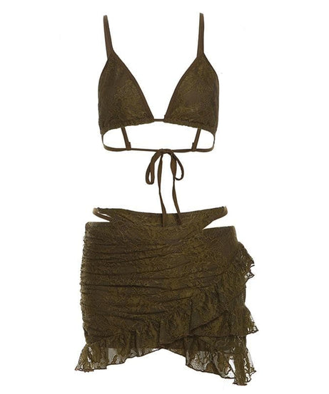 Sultry Chocolate Lace Halter Top & Cutout Mini Skirt Set - Edgy Y2K Party & Halloween Vibe