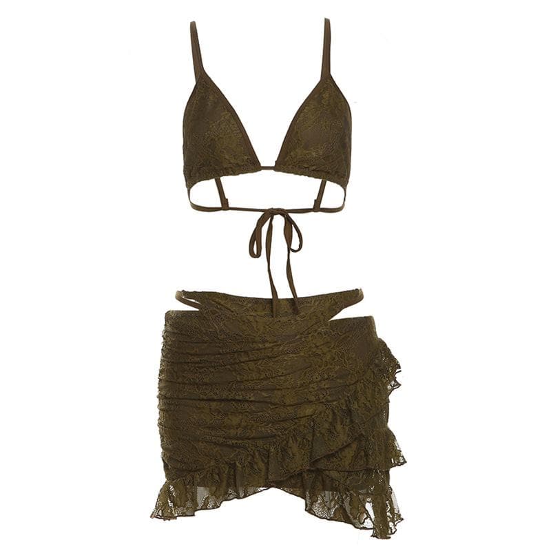 Sultry Chocolate Lace Halter Top & Cutout Mini Skirt Set - Edgy Y2K Party & Halloween Vibe