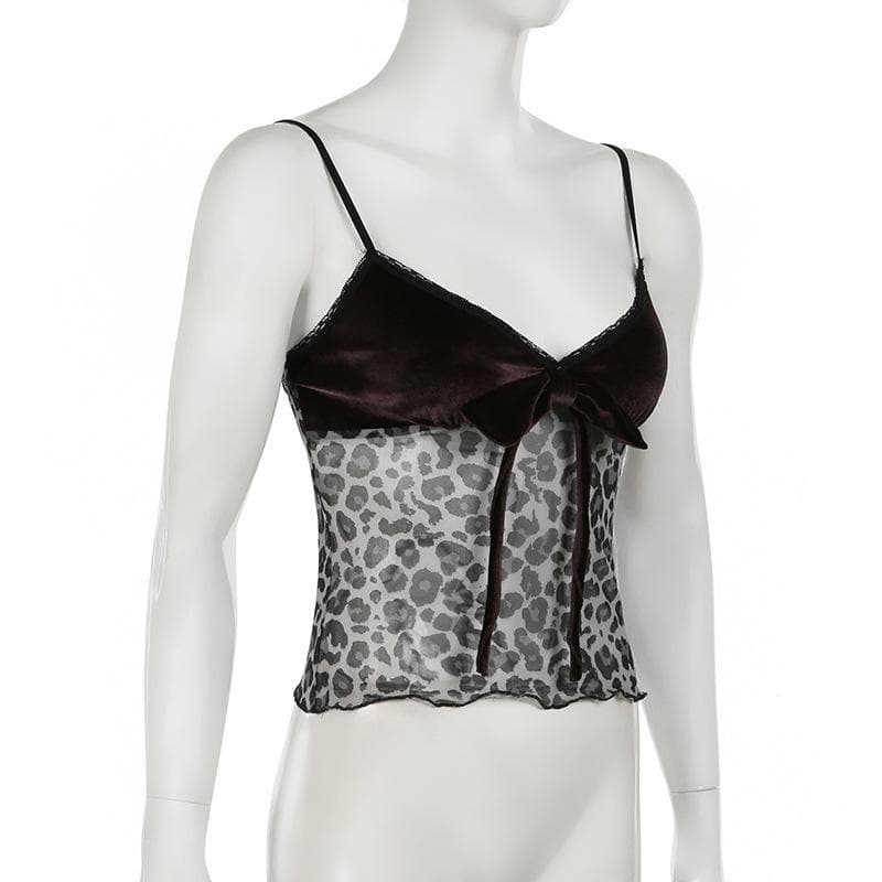 Fall Luxe: Velvet & Leopard Print Bow Cami Top - Chic Y2K Style for American Women