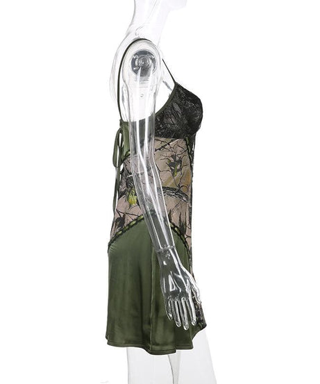 Y2K Woodland Camo & Lace Slip Dress - Olive Green Mini for Fall Nights Out