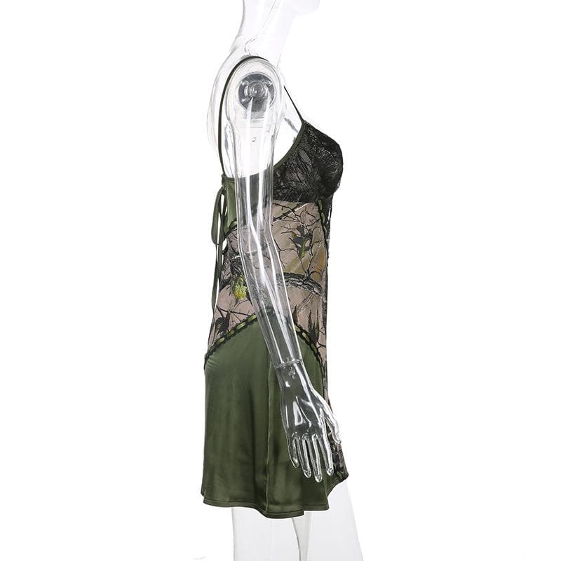 Y2K Woodland Camo & Lace Slip Dress - Olive Green Mini for Fall Nights Out