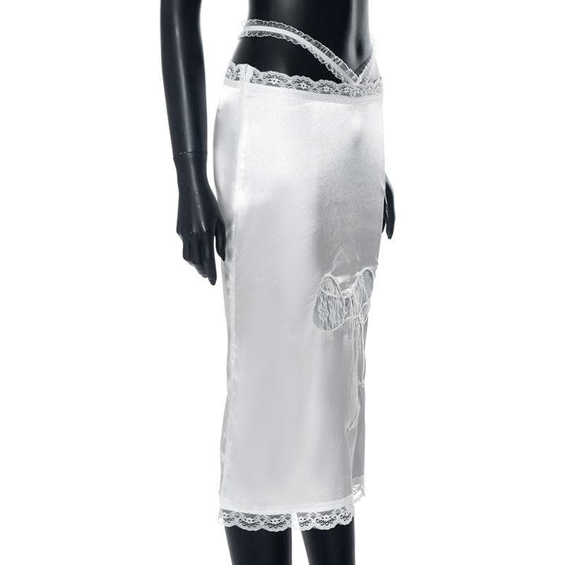 Enchanting White Lace Slip Midi Dress | Alluring Bow Cutout & Criss-Cross Back for Fall & Holiday Parties