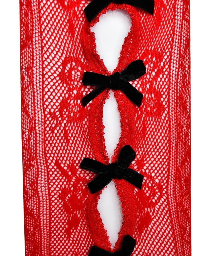 Sultry Red Lace & Bowknot Fishnet Tights - Daring Cut-Out Hosiery for Halloween & Beyond