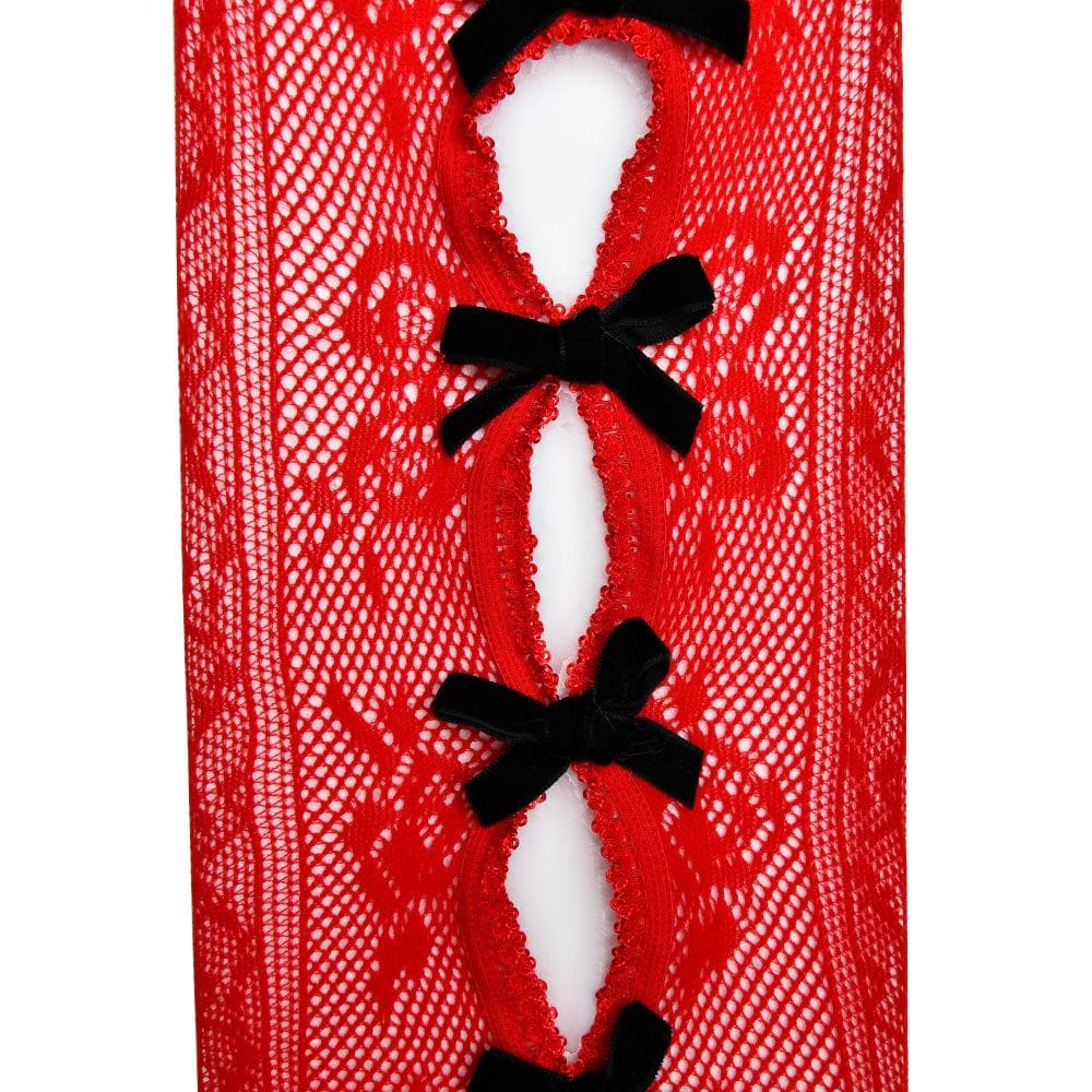 Sultry Red Lace & Bowknot Fishnet Tights - Daring Cut-Out Hosiery for Halloween & Beyond