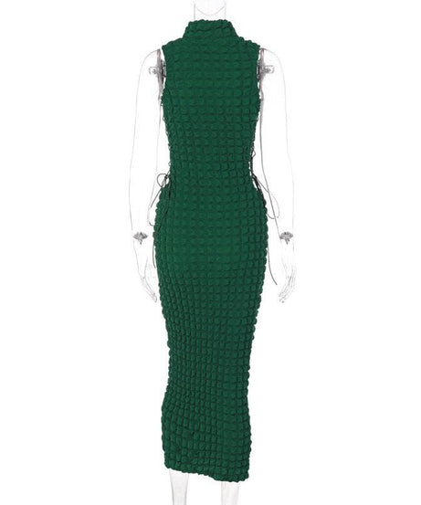 Emerald Elegance: Fall Waffle Knit High Neck Midi Dress with Adjustable Side Lace-Up – Perfect for Holiday Season