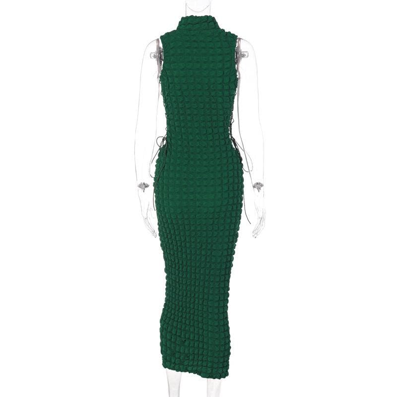 Emerald Elegance: Fall Waffle Knit High Neck Midi Dress with Adjustable Side Lace-Up – Perfect for Holiday Season