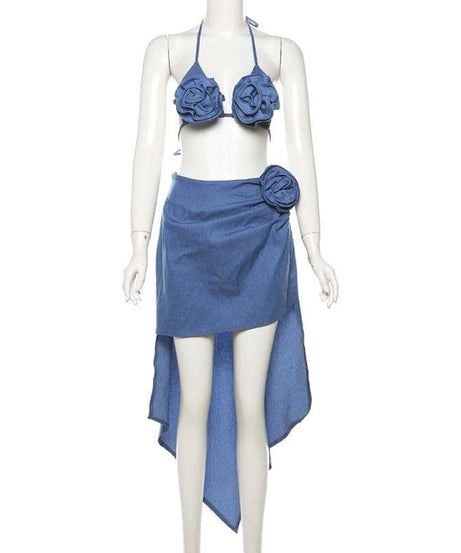 Dusty Blue Floral Halter Top & Asymmetric Midi Skirt Set - Your Chic Vacation & Resort Getaway Essential