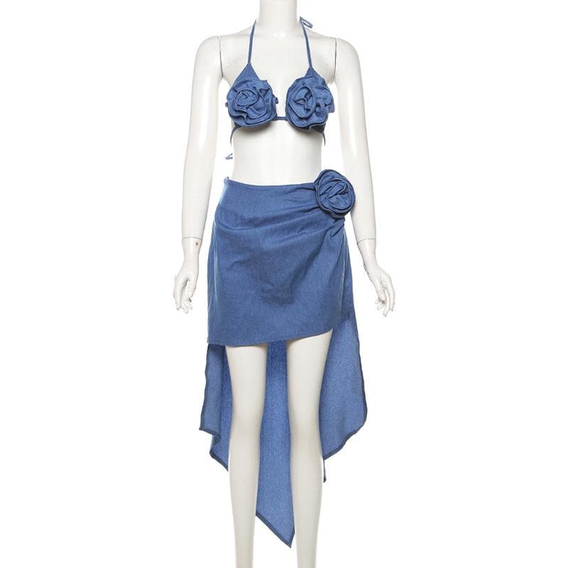 Dusty Blue Floral Halter Top & Asymmetric Midi Skirt Set - Your Chic Vacation & Resort Getaway Essential