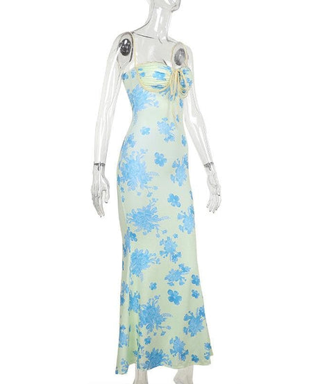 Chic Blue Floral Sweetheart Maxi Dress – Elegant Ruched Bust & Mermaid Hem for Resort Getaways