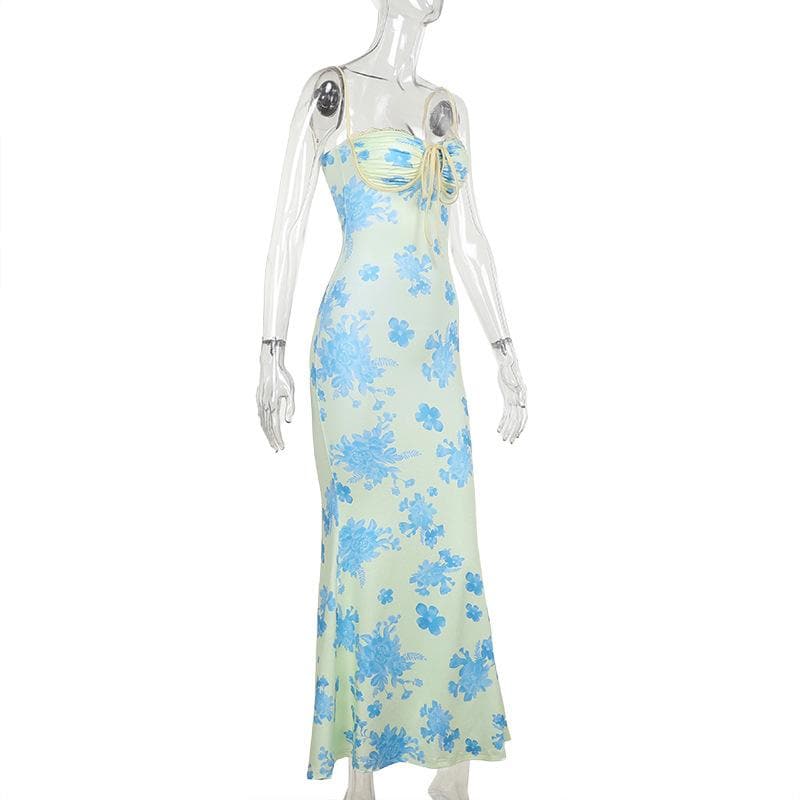 Chic Blue Floral Sweetheart Maxi Dress – Elegant Ruched Bust & Mermaid Hem for Resort Getaways