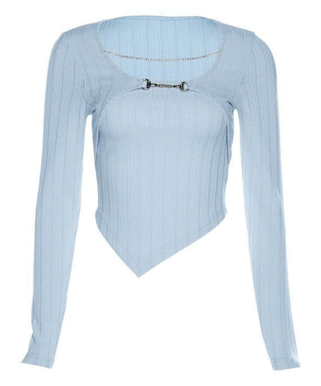 Elevated Fall Ribbed Knit Long Sleeve Top | Chic Chain & Buckle Detail, Asymmetrical Hem