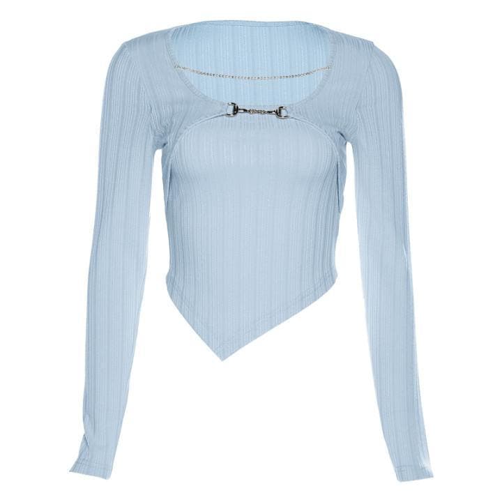 Elevated Fall Ribbed Knit Long Sleeve Top | Chic Chain & Buckle Detail, Asymmetrical Hem