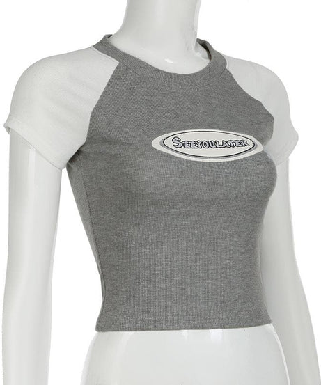 Y2K Retro Ribbed Raglan Crop Top - Women's 'SEEYOULATER' Graphic Tee