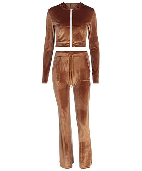 Luxe Fall Velvet Tracksuit Set for Women | Cropped Zip Hoodie & Straight Leg Pants