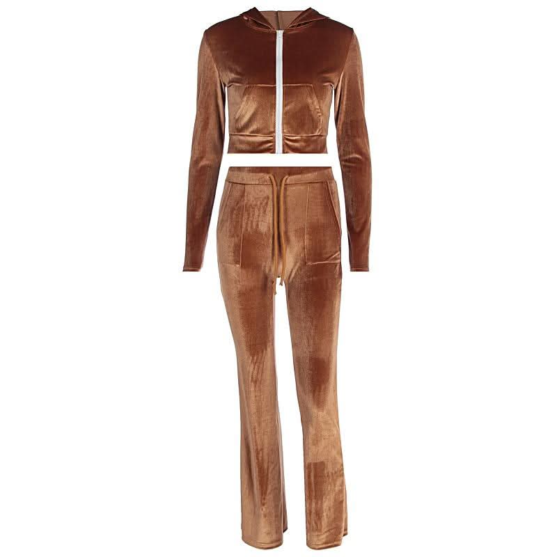 Luxe Fall Velvet Tracksuit Set for Women | Cropped Zip Hoodie & Straight Leg Pants