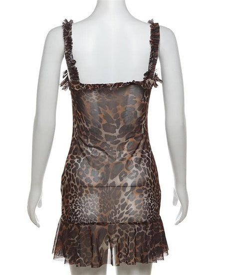 Untamed Allure: Leopard Print Ruffle Mesh Cami Mini Dress – Your Fall Night Out Essential