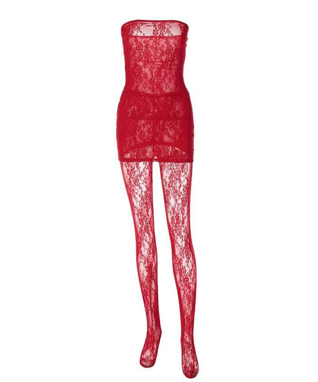 Seductive Black Lace Tube Mini Dress & Sheer Tights Set - Halloween, Party & Date Night Ready