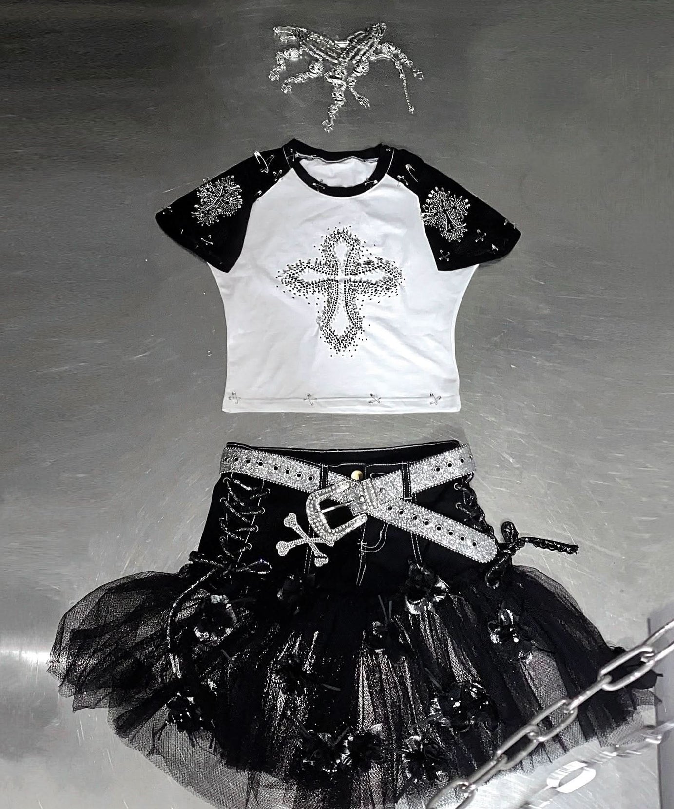 Spooky Chic Rhinestone Cross Crop Top & Mesh Skort Set - Y2K Goth Alt Fashion