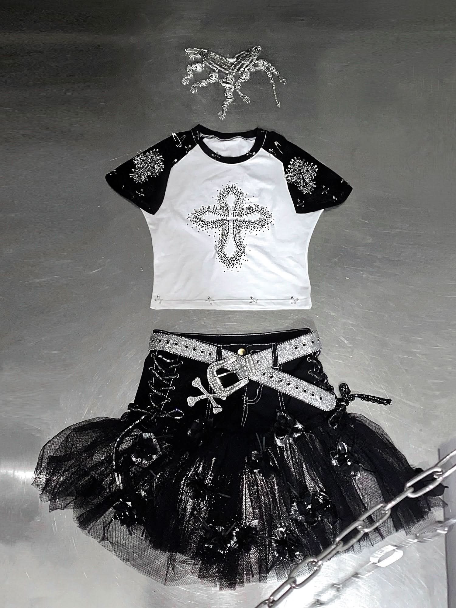 Spooky Chic Rhinestone Cross Crop Top & Mesh Skort Set - Y2K Goth Alt Fashion