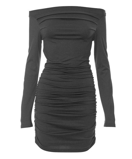 Fall Party Ready: Ruched Off-Shoulder Long Sleeve Bodycon Mini Dress - Charcoal Chic