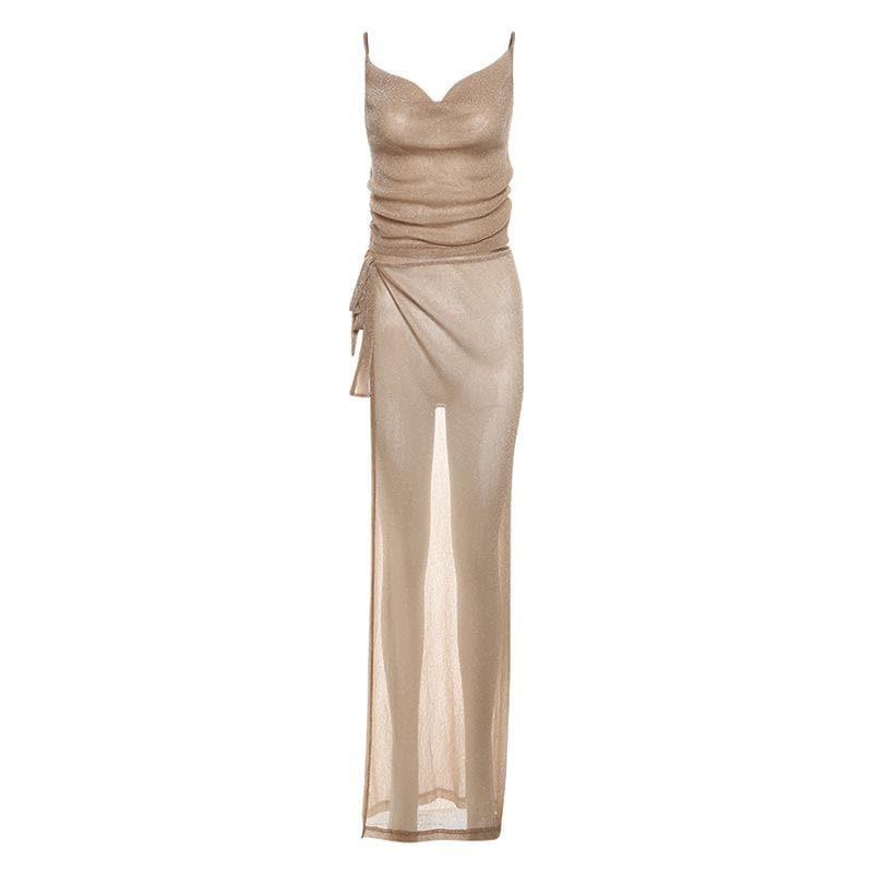 Golden Hour Glam: Shimmer Cowl Neck Crop Top & High Slit Maxi Skirt Set – Perfect for Holiday Parties & Warm Escapes