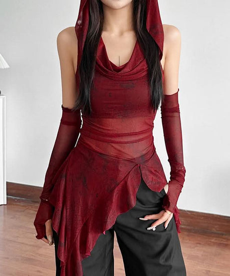Gothic Enchantress Sheer Mesh Hooded Top | Asymmetrical Cowl Neck & Long Sleeves for Fall & Halloween