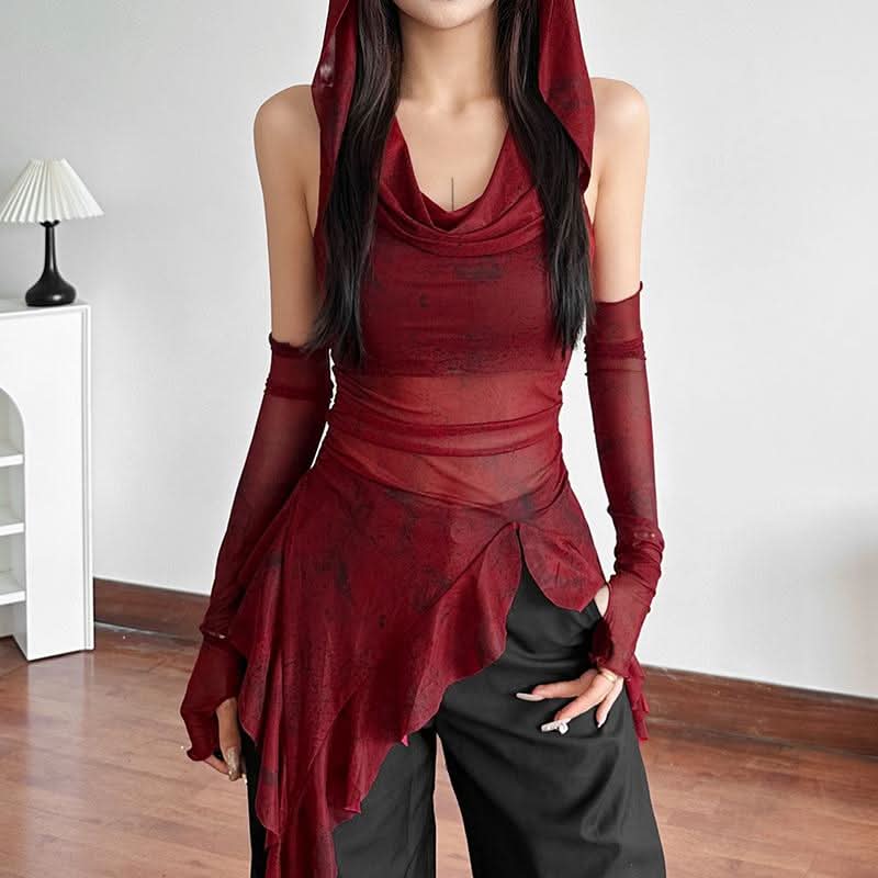 Gothic Enchantress Sheer Mesh Hooded Top | Asymmetrical Cowl Neck & Long Sleeves for Fall & Halloween
