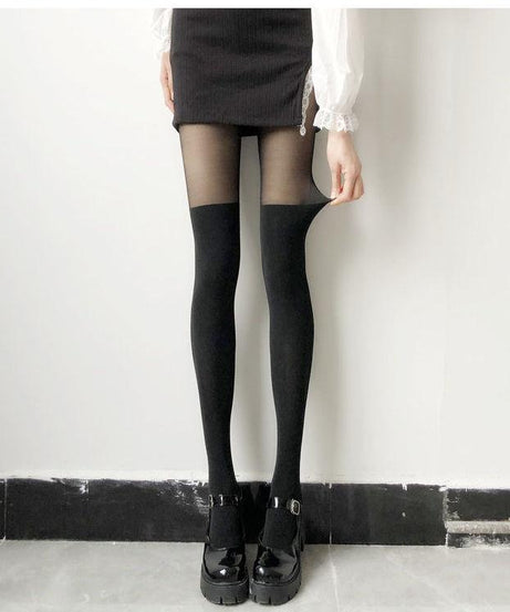 Fall Fashion Faux Thigh-High Tights: Chic Two-Tone Sheer & Opaque Style