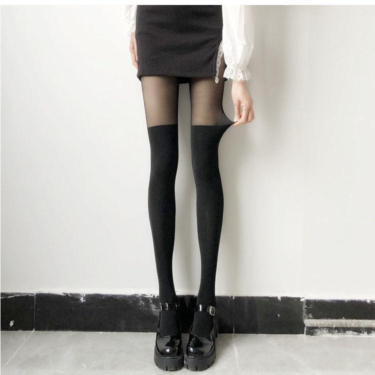 Fall Fashion Faux Thigh-High Tights: Chic Two-Tone Sheer & Opaque Style