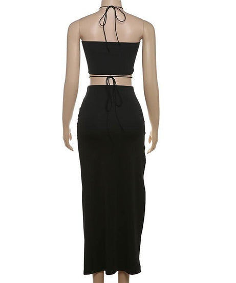 Y2K Goddess O-Ring Halter Crop Top & High Slit Maxi Skirt Set | Black Party & Vacation Wear