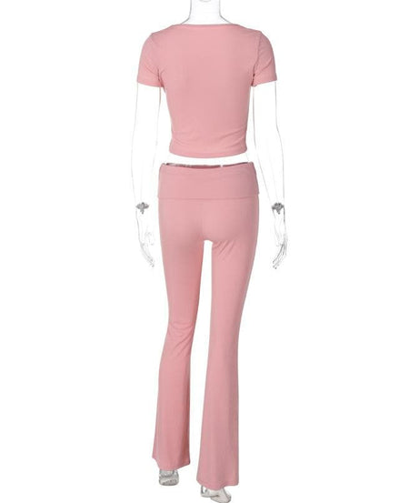 Blush Pink U-Neck Crop Top & Flared Pants Set: Cozy Chic for Fall Comfort & Athleisure