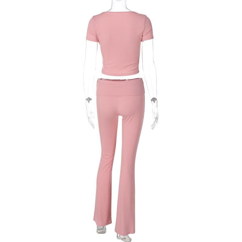 Blush Pink U-Neck Crop Top & Flared Pants Set: Cozy Chic for Fall Comfort & Athleisure