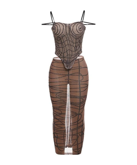 Bewitching Sheer Mesh Spiderweb Print Cami & Midi Skirt Set - Your Ultimate Fall & Halloween Statement