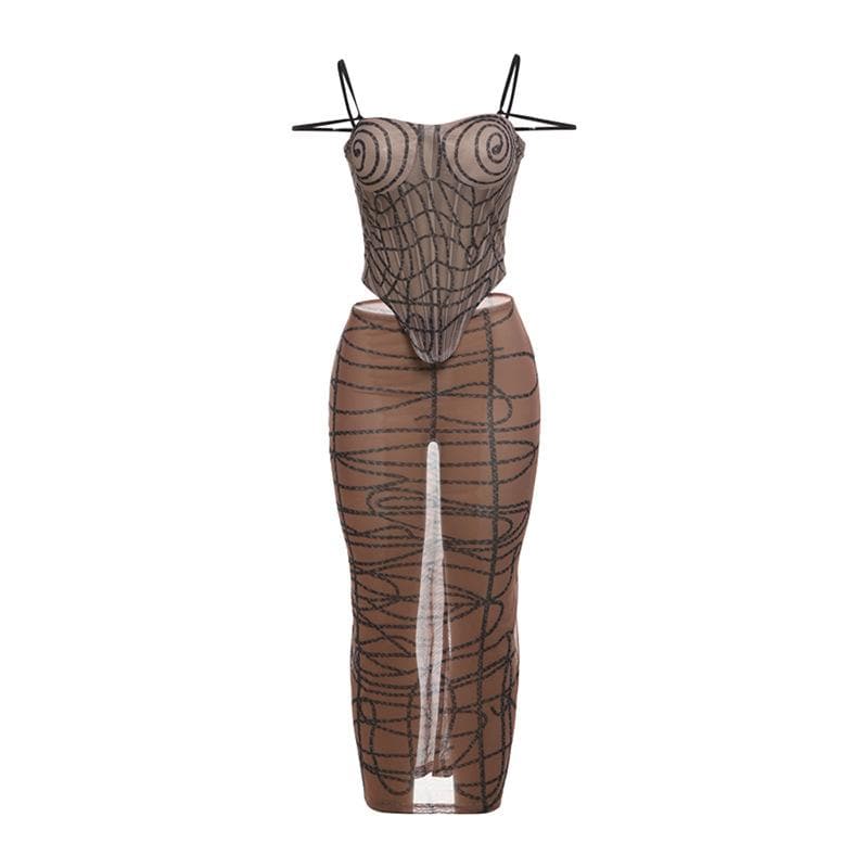 Bewitching Sheer Mesh Spiderweb Print Cami & Midi Skirt Set - Your Ultimate Fall & Halloween Statement