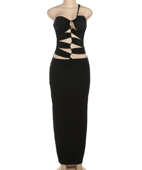 Slay the Season: Black One-Shoulder Ruched Bodycon Maxi Dress with Metallic Accents - Fall & Holiday Ready