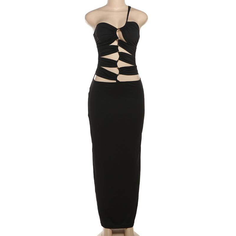 Slay the Season: Black One-Shoulder Ruched Bodycon Maxi Dress with Metallic Accents - Fall & Holiday Ready