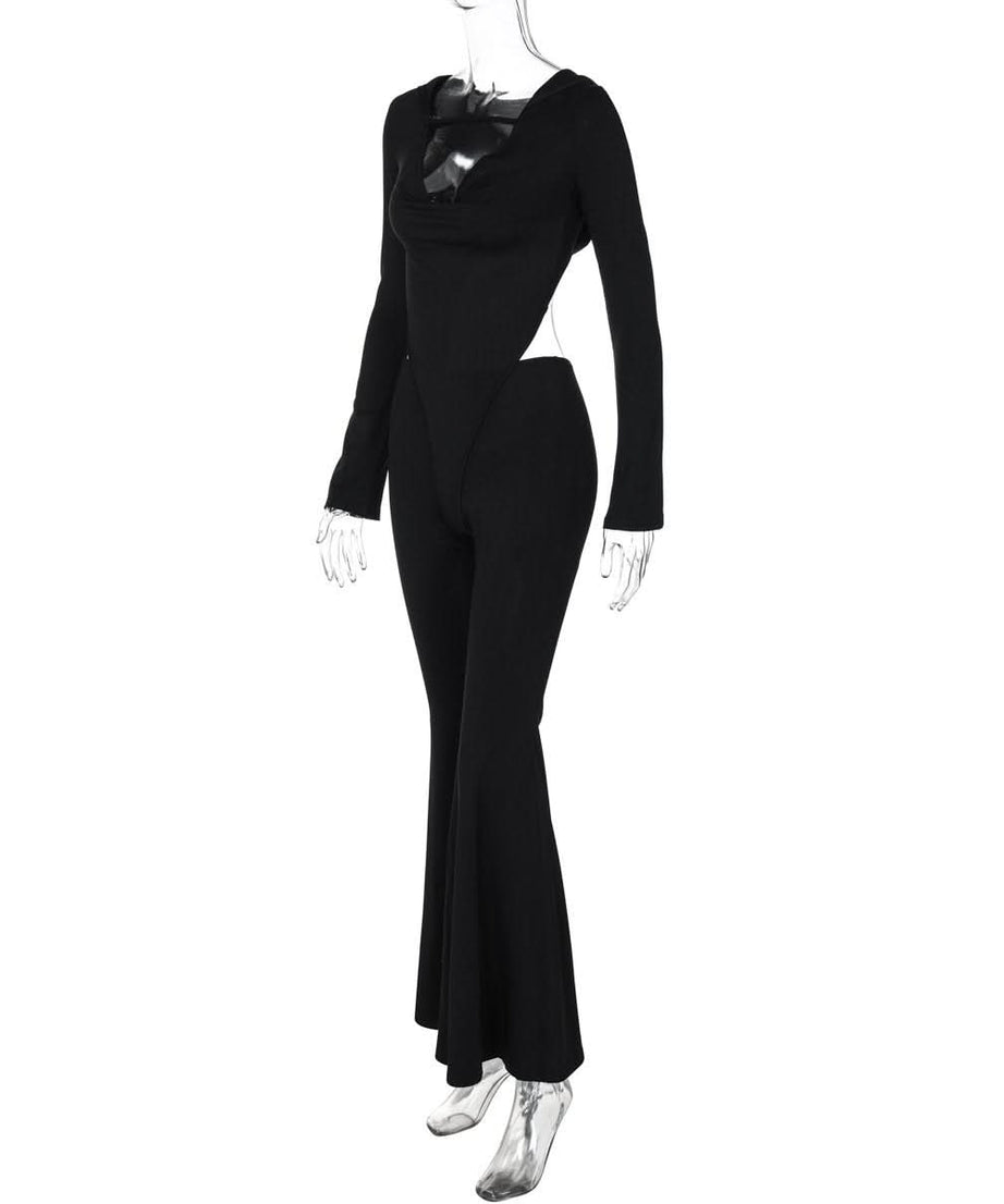 The "Midnight Glam" Cutout Cowl Neck Flared Jumpsuit - Fall & Holiday Party Ready