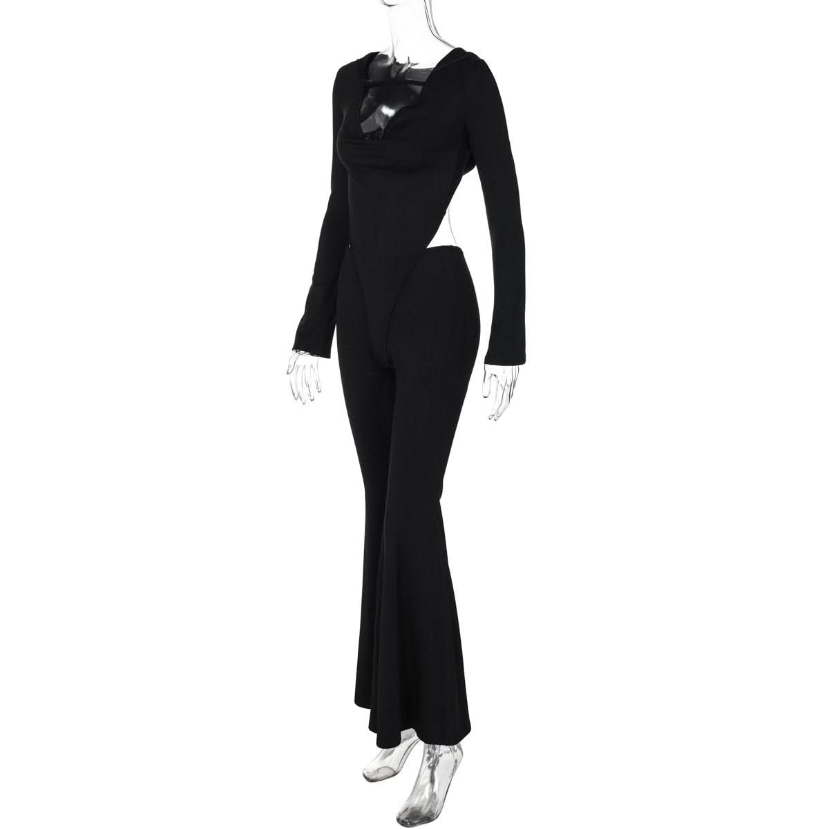 The "Midnight Glam" Cutout Cowl Neck Flared Jumpsuit - Fall & Holiday Party Ready