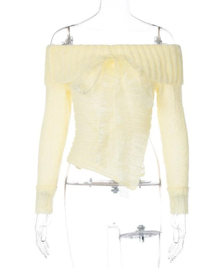 Chic Fall Off-Shoulder Ribbed Knit Top with Sheer Bow | Cozy Autumn Style for Women