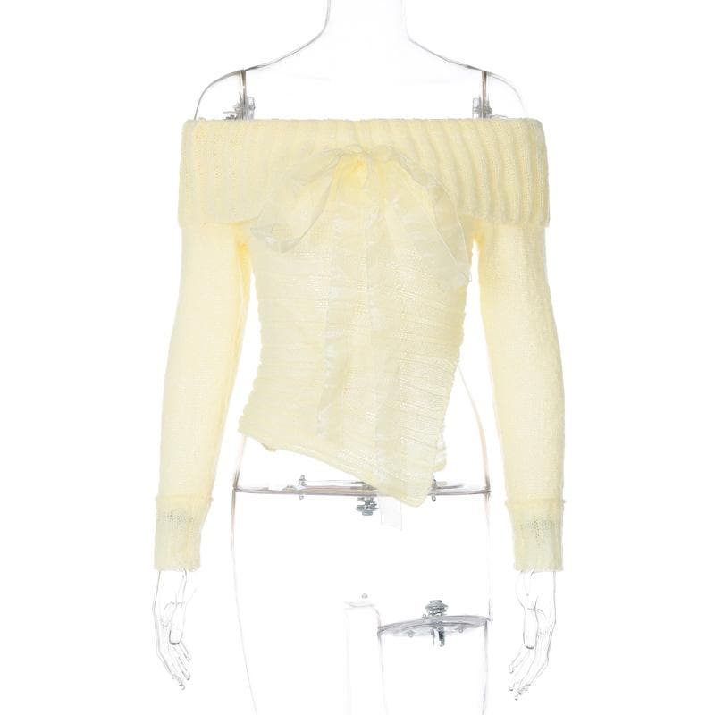 Chic Fall Off-Shoulder Ribbed Knit Top with Sheer Bow | Cozy Autumn Style for Women