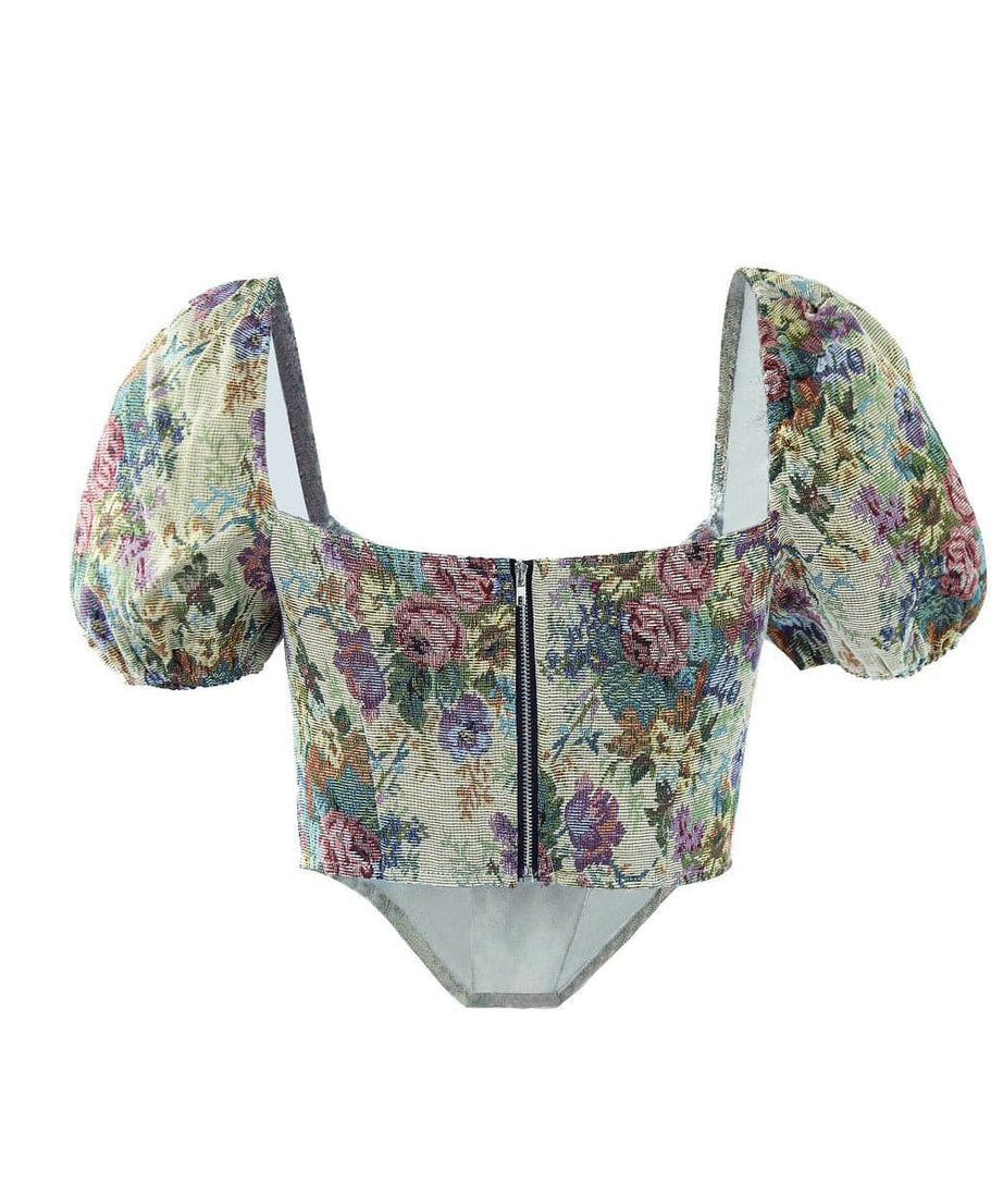 Vintage Bloom Tapestry Floral Bustier Crop Top with Puff Sleeves - Fall 2025 Collection