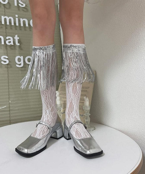 Dazzling Silver Fringe & Lace Ankle Socks – Your Ultimate Holiday Party Statement!