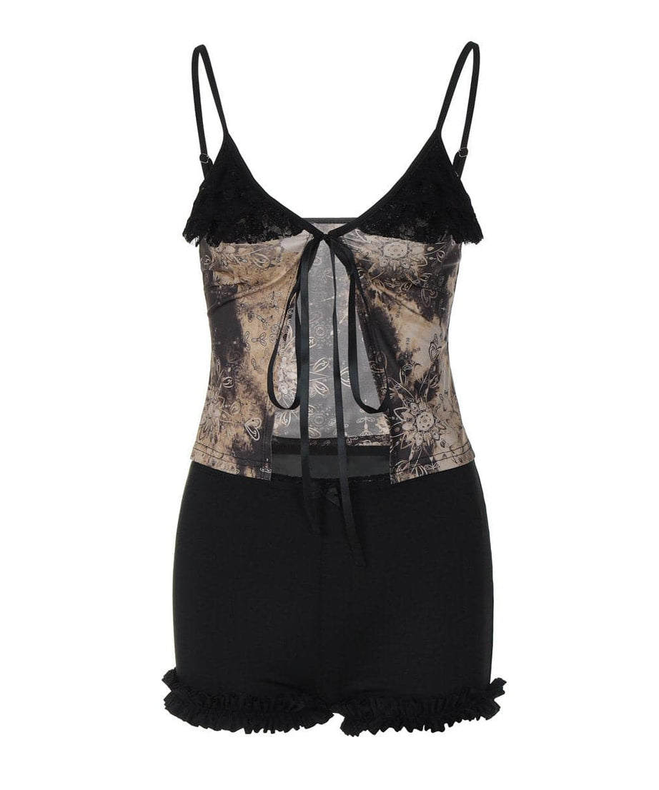 Gothic Bloom Lace & Tie-Front Cami Shorts Set | Cozy Autumn Loungewear