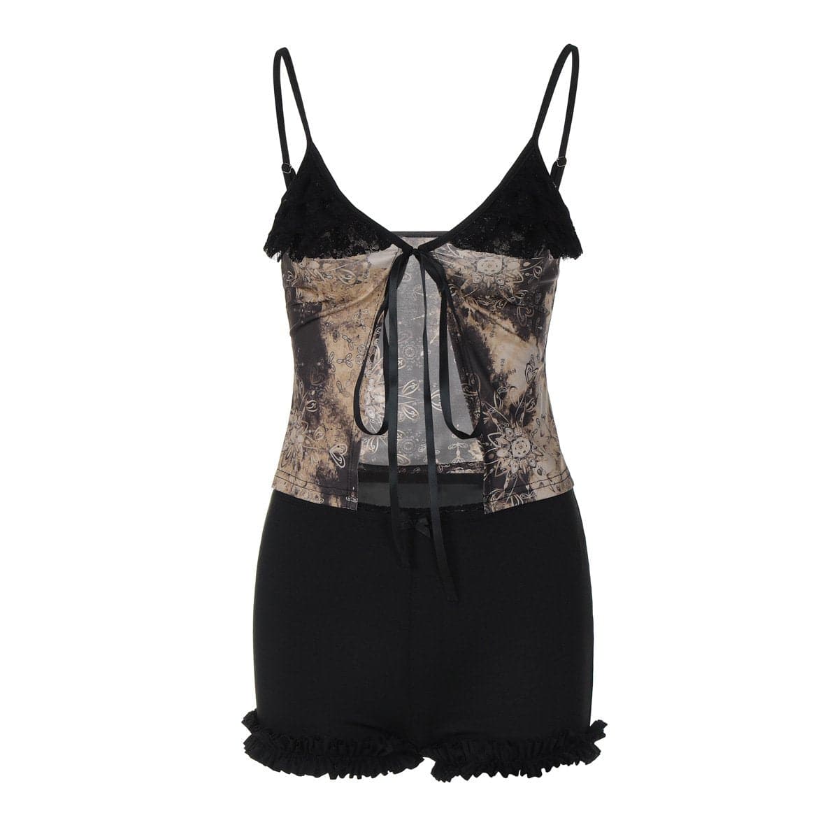 Gothic Bloom Lace & Tie-Front Cami Shorts Set | Cozy Autumn Loungewear
