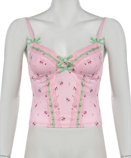 Sweetheart Pink Floral Cami Top with Gingham & Lace | Cozy Autumn Layering & Cottagecore Charm